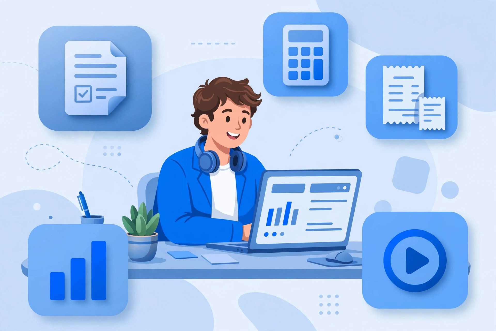 Illustration of a person using ToolNest free online tools on a laptop, surrounded by resume, calculator, invoice and chart icons
