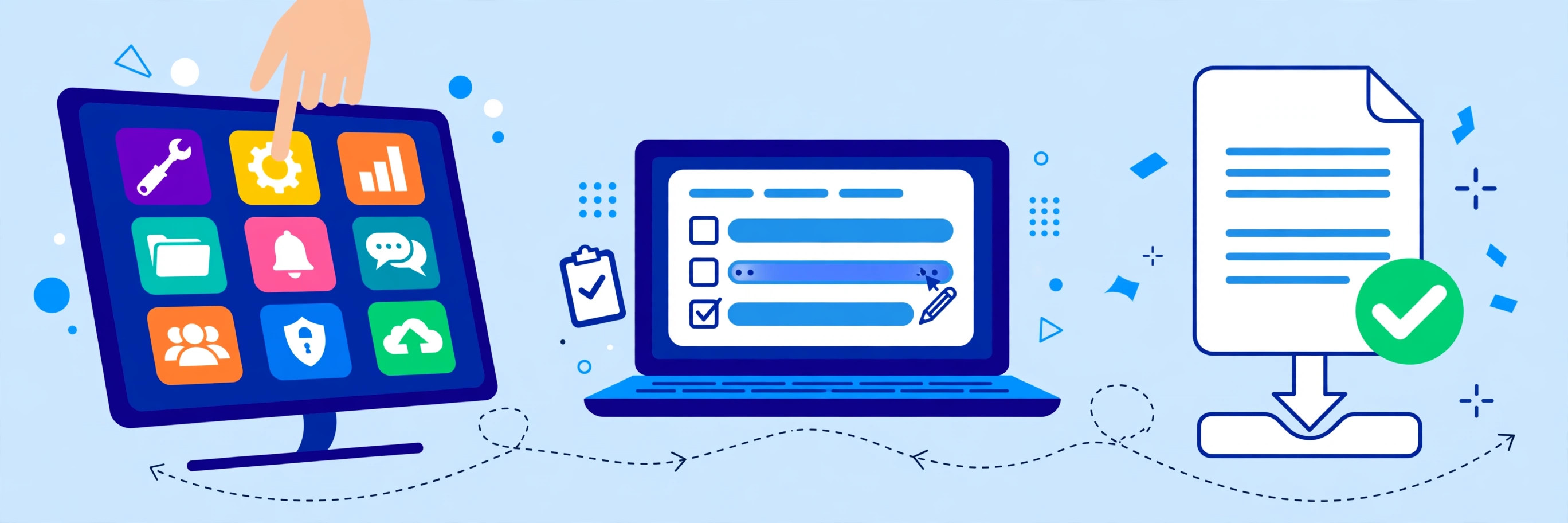 Illustration showing the three steps of using ToolNest: choose a tool, fill in a short form, download or copy your finished result